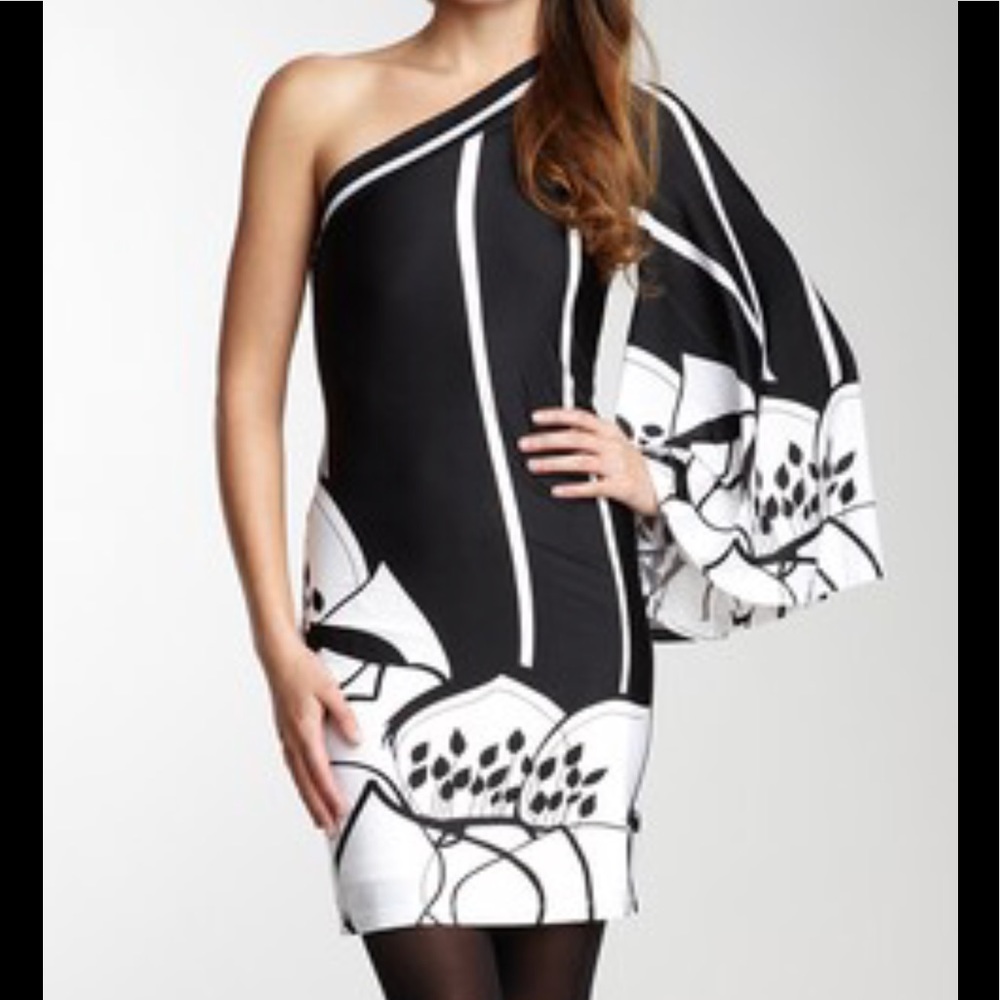 One shoulder black and white Analili dress.